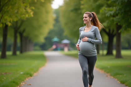 Femme enceinte faisant du jogging dans un parc verdoyant