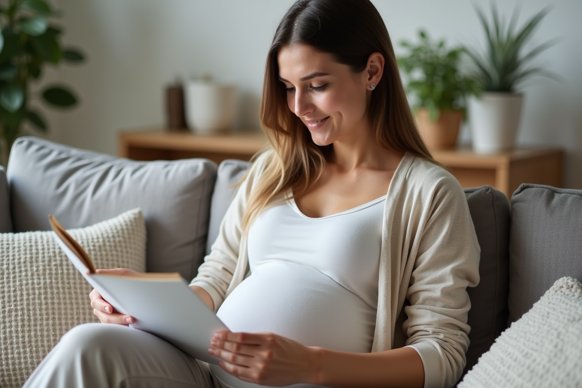 Femme enceinte assise lisant une brochure médicale dans un salon
