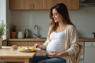 Femme enceinte souriante dans la cuisine avec petit déjeuner