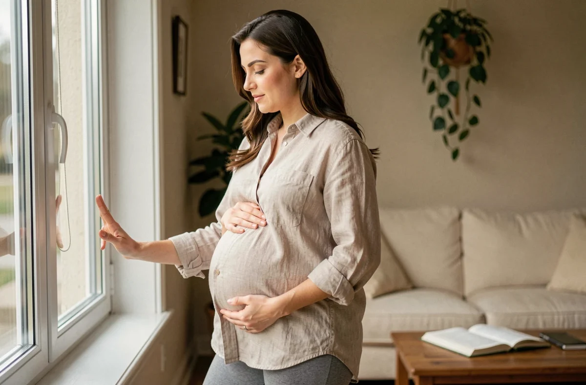 Femme enceinte à domicile ressentant les premières contractions et se demandant si le travail a commencé