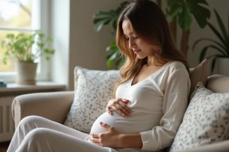 Femme enceinte assise sur un canapé dans un salon chaleureux