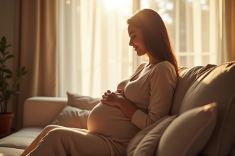 Femme enceinte souriante dans un salon lumineux