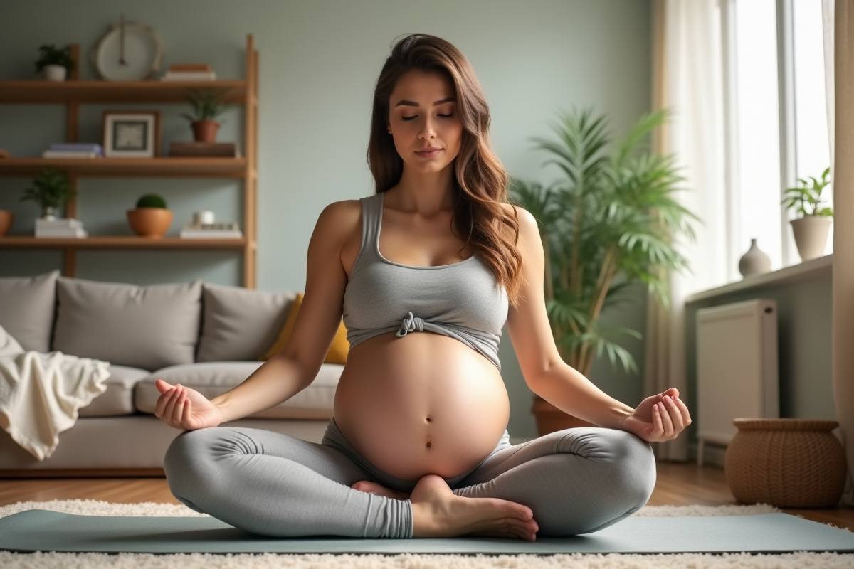 Femme enceinte faisant du yoga dans un intérieur cosy