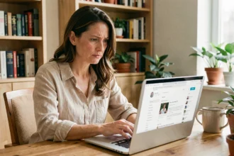 Femme lisant des avis sur un forum bien-être à propos du Xyphanol sur son ordinateur portable à domicile