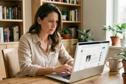 Femme lisant des avis sur un forum bien-être à propos du Xyphanol sur son ordinateur portable à domicile
