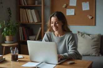 Femme en convalescence tapant sur un ordinateur portable dans un bureau cosy, symbolisant le partage d'expérience sur un forum médical dédié à la névralgie pudendale