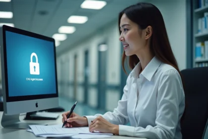 Femme professionnelle en bureau hospitalier souriante