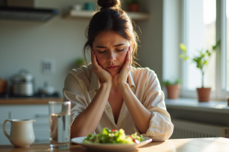 Jeune femme inquiète mangeant une petite salade dans la cuisine