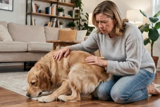 Femme inquiète qui renifle l'odeur de son chien golden retriever dans un salon, suspectant une odeur anormale