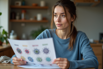 Jeune femme regardant un graphique sur les virus et bactéries