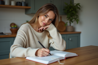 Femme écrivant dans un journal alimentaire dans une cuisine moderne