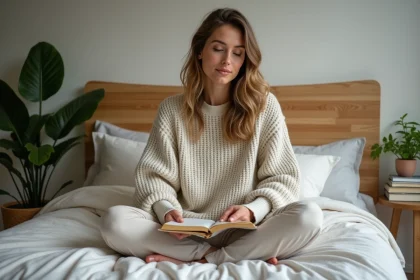 Femme assise sur le lit en train de journaler dans une chambre calme