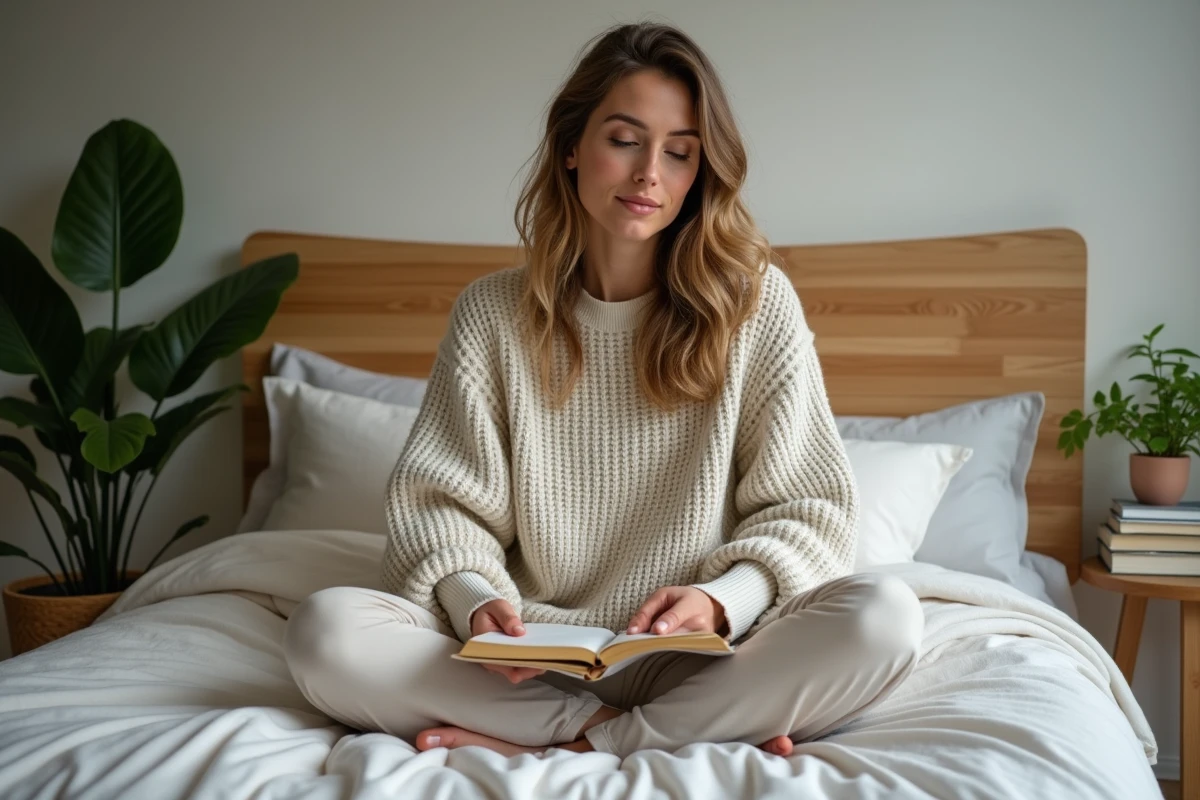 Femme assise sur le lit en train de journaler dans une chambre calme