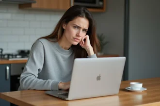 Jeune femme frustrée devant son ordinateur portable à la maison