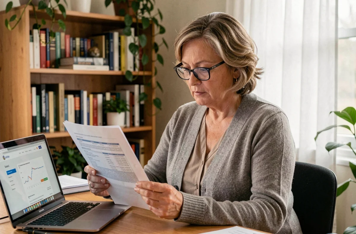 Femme lisant attentivement un contrat d'assurance de prêt immobilier à son bureau à domicile