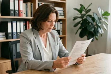 Femme lisant attentivement un contrat d'assurance responsabilité civile à son bureau à domicile