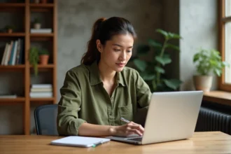 Femme lisant un magazine en ligne sur ordinateur portable et prenant des notes dans un bureau à domicile chaleureux