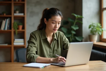 Femme lisant un magazine en ligne sur ordinateur portable et prenant des notes dans un bureau à domicile chaleureux