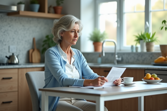 Femme d'âge moyen lisant un pamphlet santé dans la cuisine