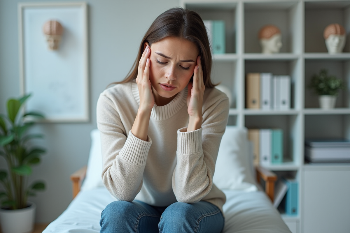 Femme en consultation neurologique avec expression préoccupée