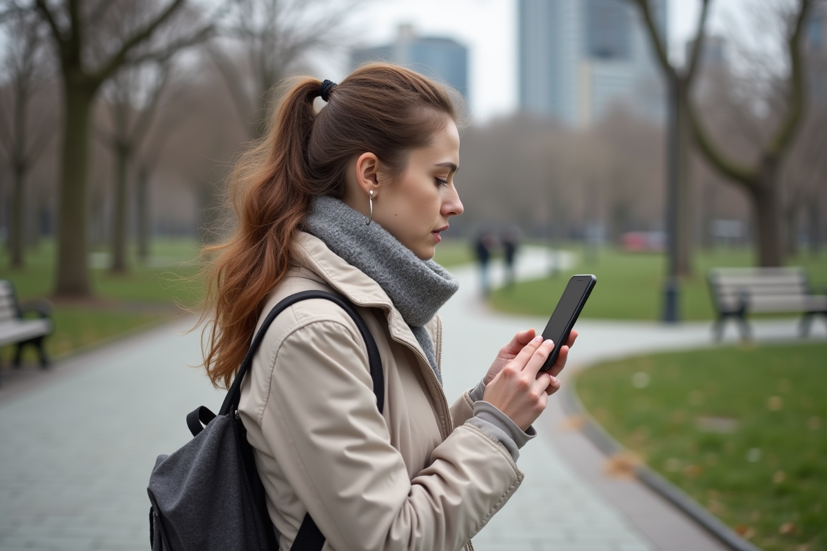 Jeune femme vérifiant son oxygène dans un parc urbain