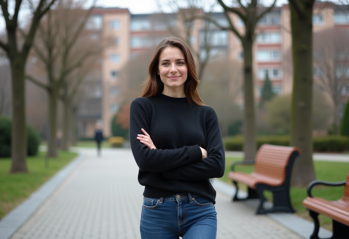 Jeune femme dans un parc urbain souriant doucement