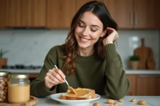 Femme en intérieur étalant du beurre de cacahuète sur du pain complet