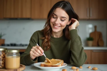 Femme en intérieur étalant du beurre de cacahuète sur du pain complet