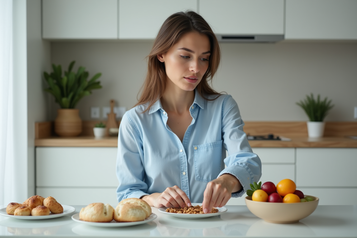 Femme réfléchissant à son petit déjeuner dans une cuisine moderne