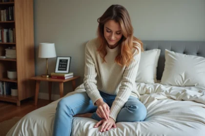 Femme en détente pressant un point du pied dans une chambre