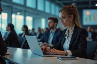 Femme professionnelle en bureau moderne utilisant une tablette