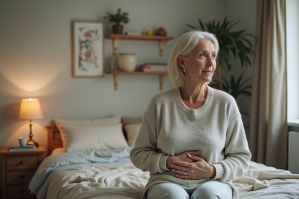 Femme pensive assise sur le lit dans une chambre chaleureuse