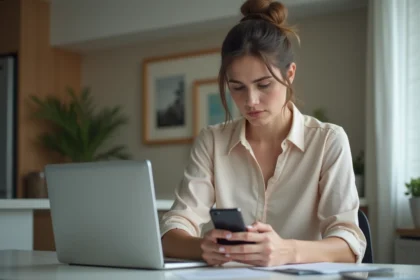 Femme pensant à son téléphone dans un appartement moderne