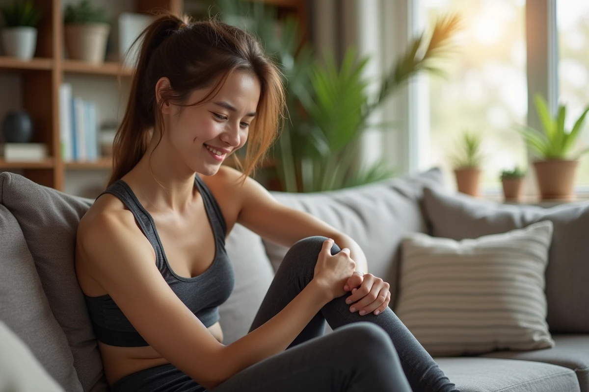 Femme détendue se massant le bras dans son salon