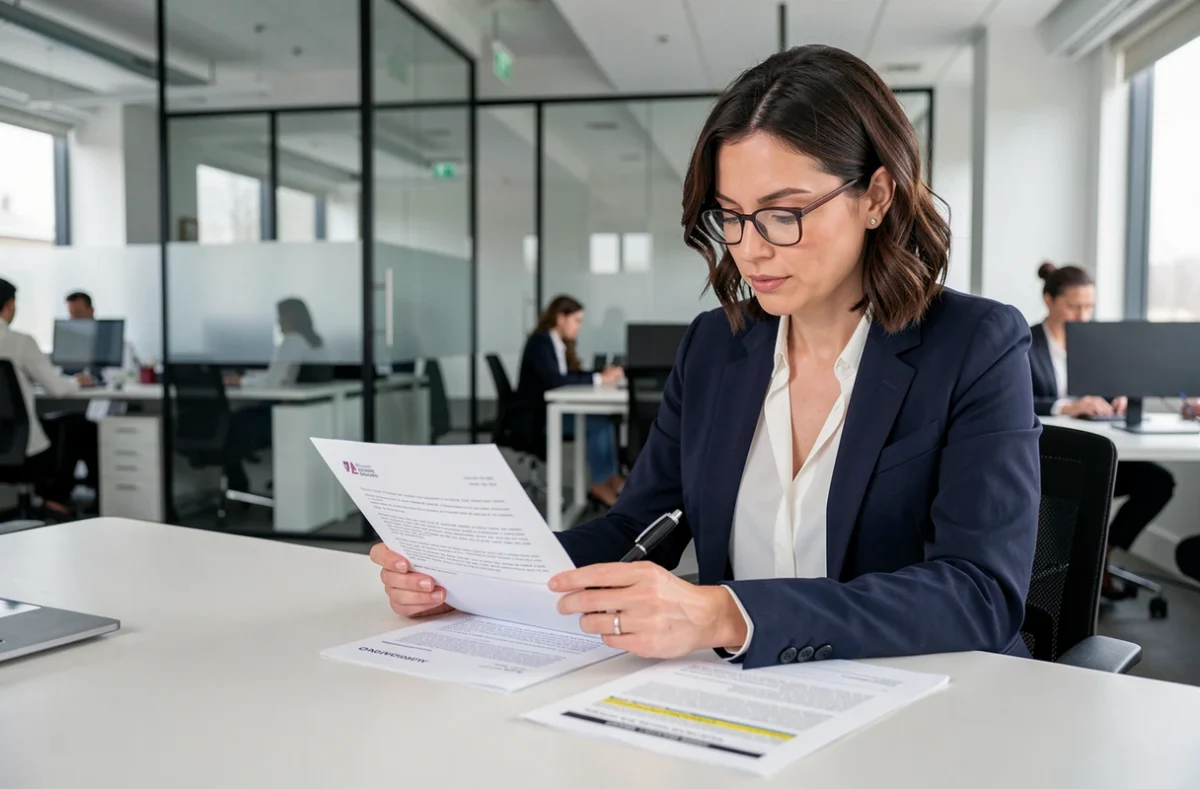 Femme en blazer relisant une lettre de remboursement d'assurance emprunteur dans un bureau professionnel