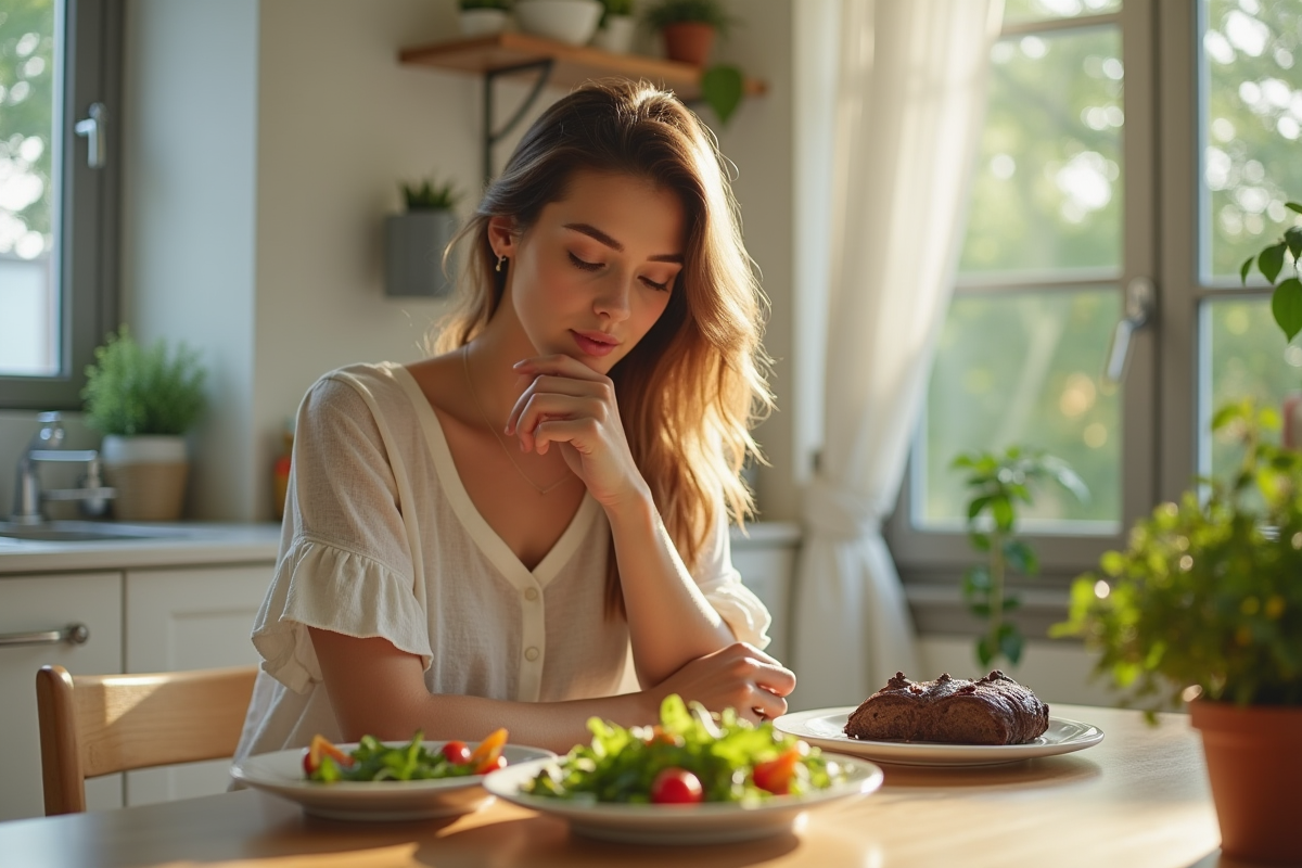 Femme réfléchissant entre salade et pâtisserie dans une cuisine lumineuse