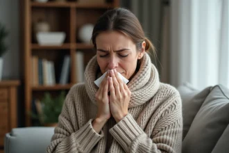 Femme en pull beige et écharpe en laine qui tousse à la maison