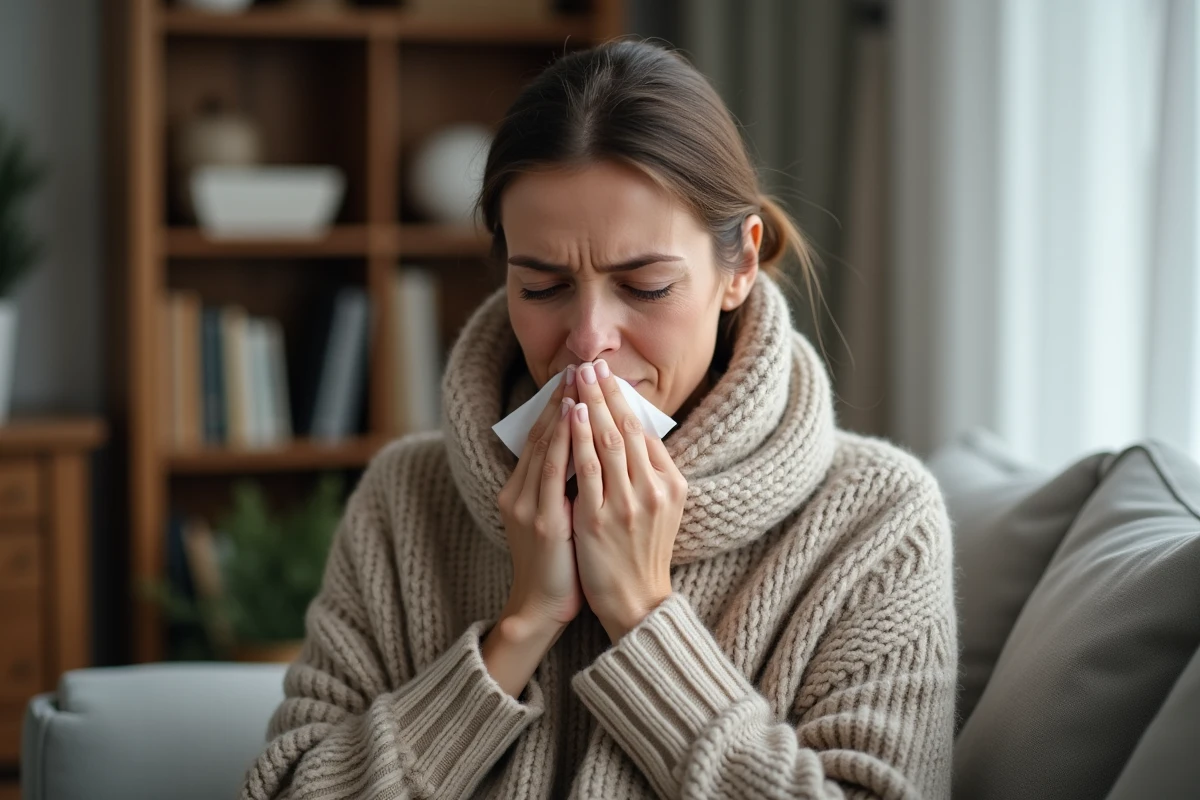 Femme en pull beige et écharpe en laine qui tousse à la maison