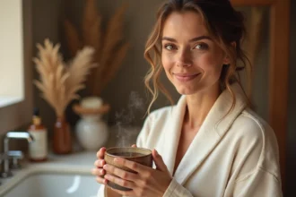 Femme tenant une tasse de rooibos dans une salle de bain naturelle pour illustrer les bienfaits du rooibos sur la peau