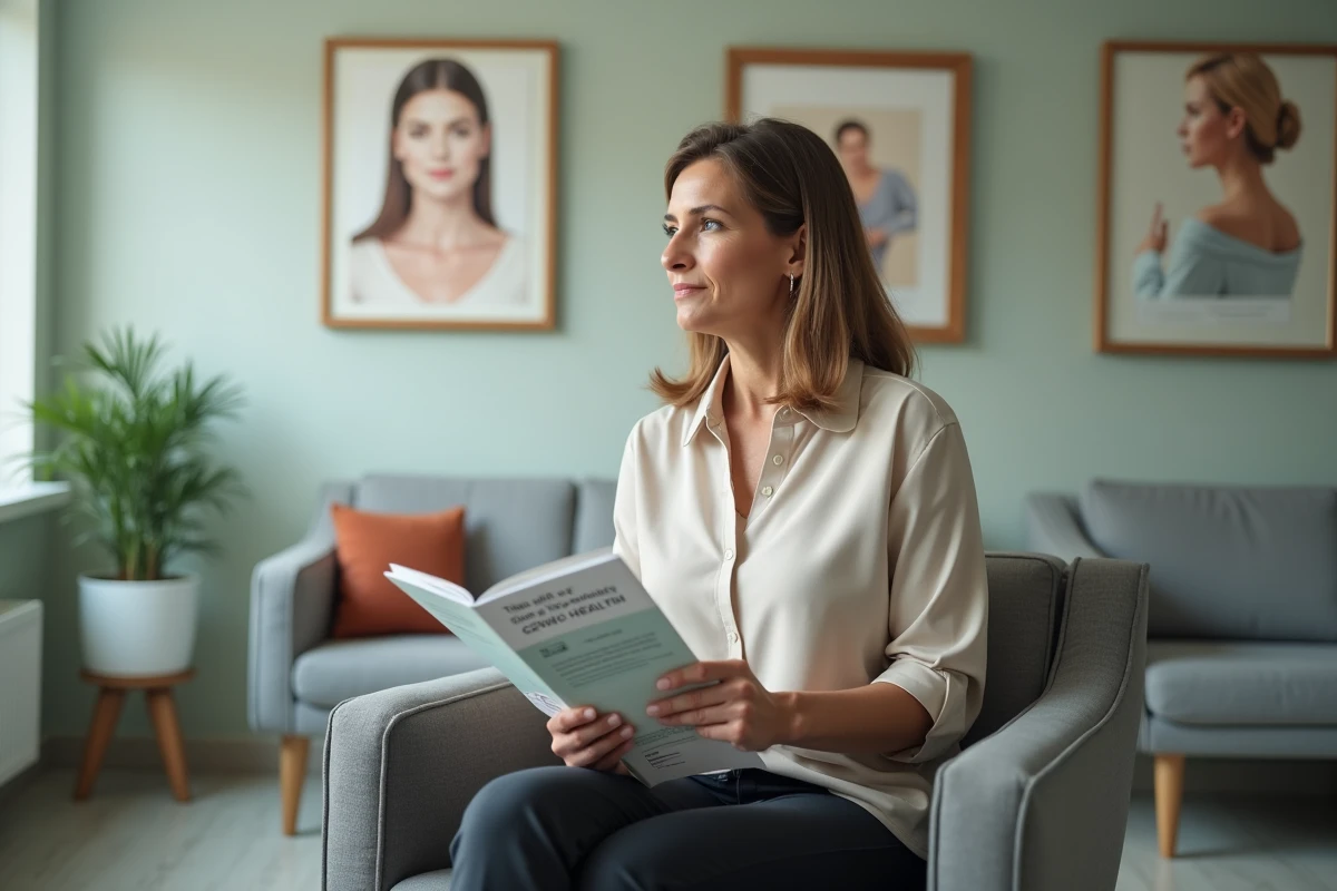 Femme lisant une brochure sur la santé cervicale dans une salle d'attente médicale avant un suivi gynécologique