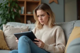 Femme pensant avec tablette dans un salon cosy