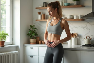 Femme en cuisine touchant son abdomen avec espoir
