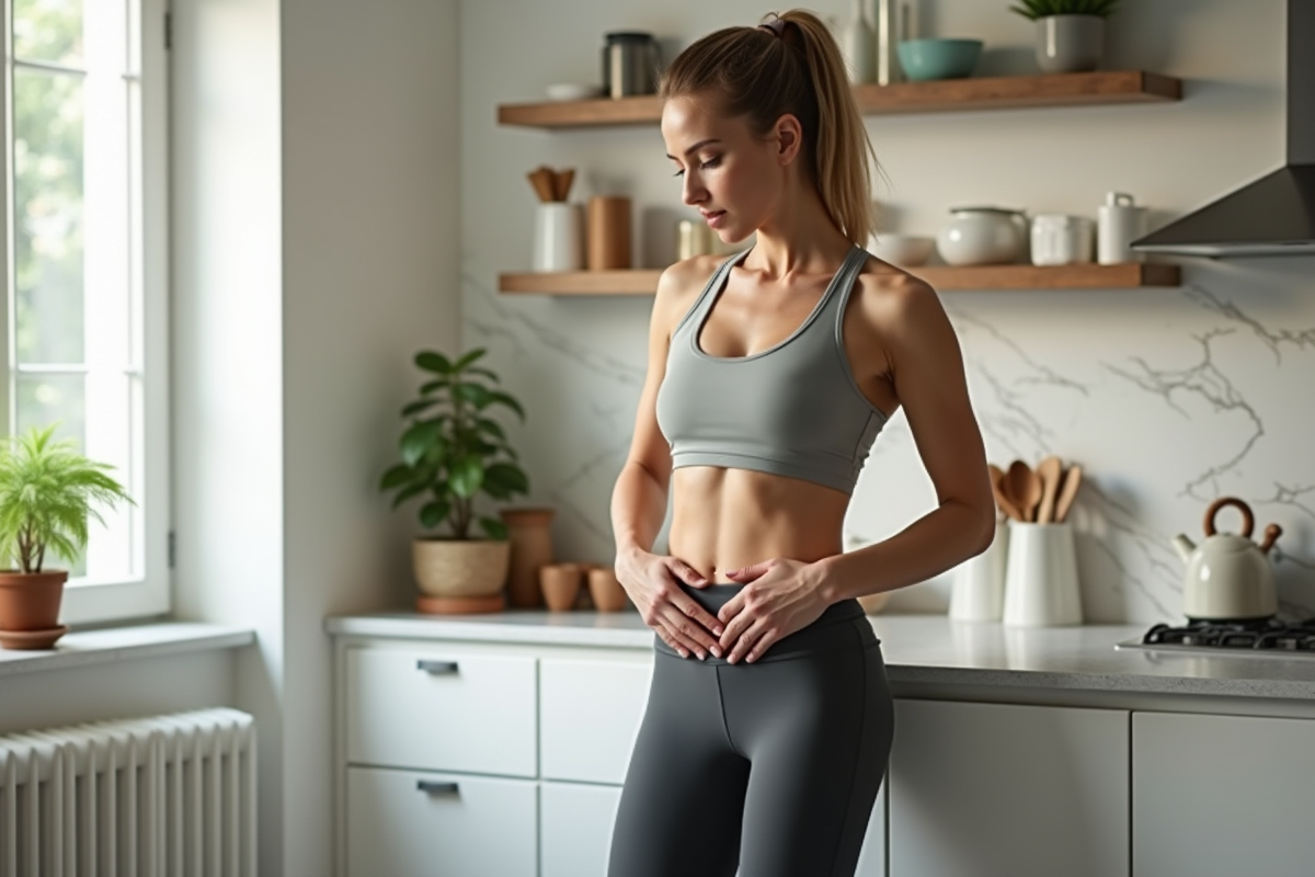 Femme en cuisine touchant son abdomen avec espoir