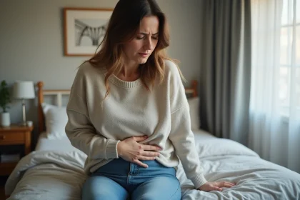 Femme assise sur le lit avec expression préoccupée