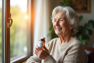 Femme senior souriante tenant une vitamine D3 près d'une fenêtre