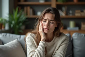 Femme inquiète dans un salon cosy et moderne