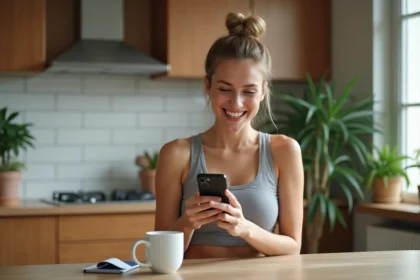 Jeune femme active utilisant une application fitness à la maison