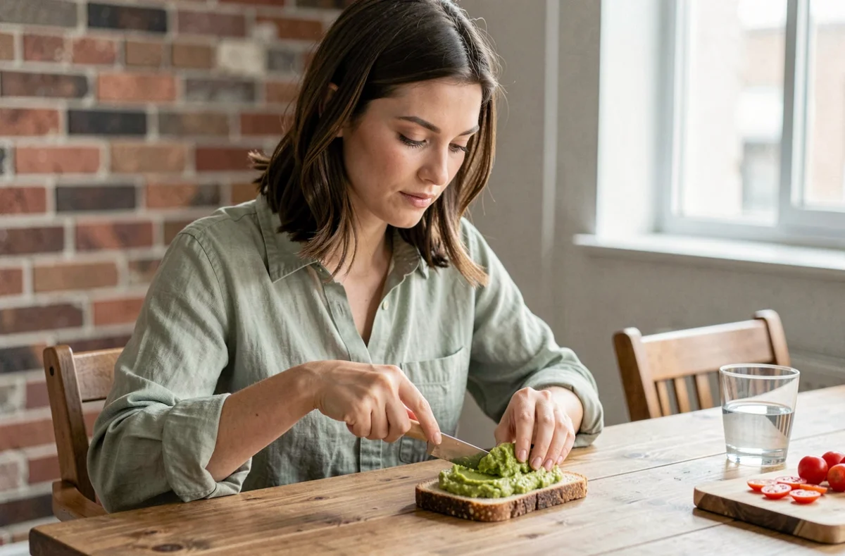 Jeune femme étalant de l'avocat écrasé sur une tartine de pain complet à une table en bois, avec des tomates cerises et un verre d'eau en arrière-plan