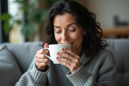 Femme détendue buvant une tisane dans un salon moderne
