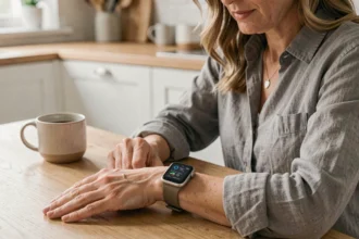 Femme consultant sa montre connectée pour mesurer sa tension artérielle dans une cuisine moderne